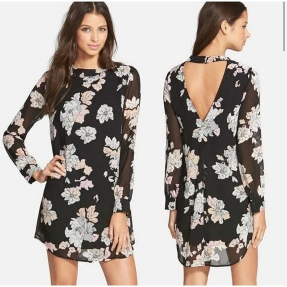 ASTR Anthropologie Black Floral Chiffon V-neck Open Back Dress Large - Picture 1 of 11